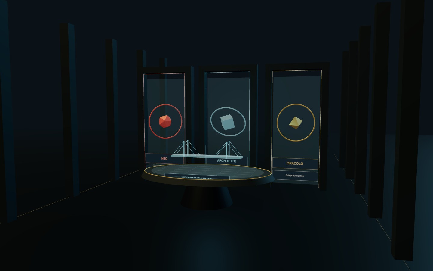I tre portali rosso, azzurro e oro dell’Archivio, raccolti intorno a un tavolo di ricostruzione.